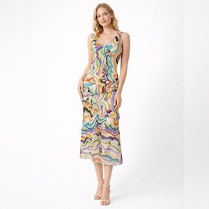 C Keer Anthropologie Silk Midi Dress Multicolor Abstract Boho Artsy Y2K Size 2